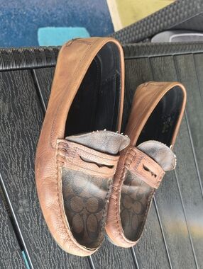 Coach Men's Tan Leather Penny Loafers with Signature Monogram